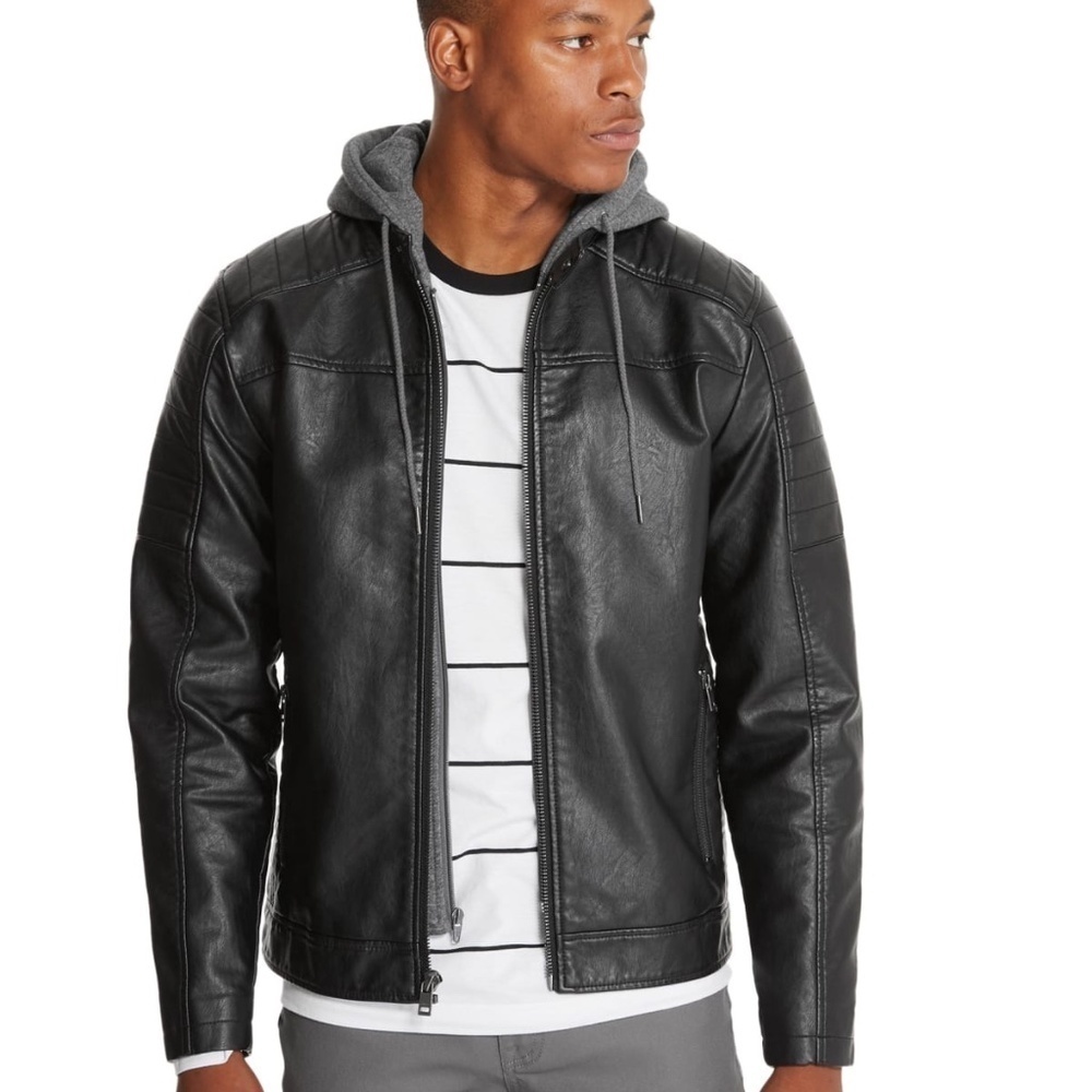 GUESS Danny Hooded Faux-Leather Moto Jacket SZ S